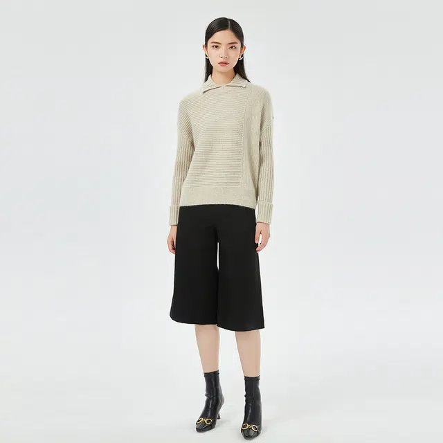 恒源祥 纯色翻领针织落肩羊绒衫 女款