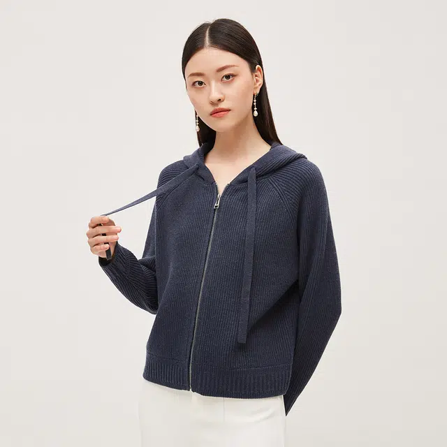 恒源祥 抽绳连帽开衫纯羊毛拉链毛衣外套 女款