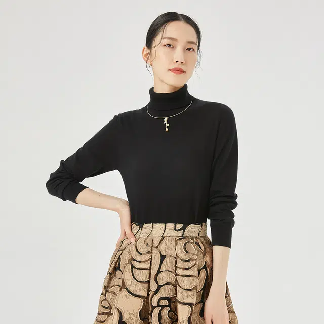 恒源祥 纯色高领休闲打底套头针织羊绒衫 女款 黑色