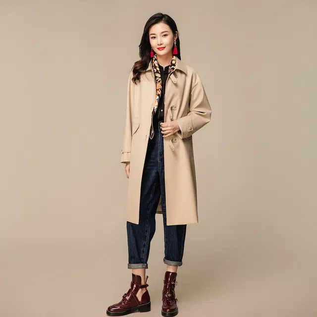 恒源祥 中长款设计感抽绳收腰风衣 女款