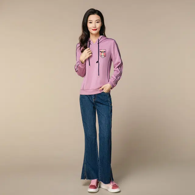 恒源祥 条纹休闲连帽卫衣 女款 暗紫罗兰