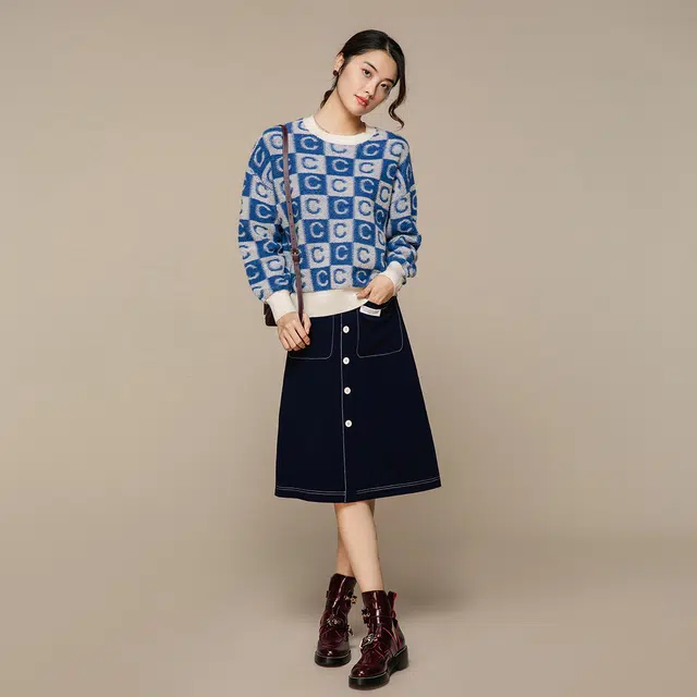恒源祥 牛仔感半身裙休闲长裙 女款 藏青色