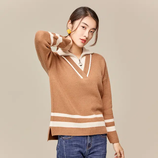 恒源祥 拼色条纹假两件套头针织毛衣 女款