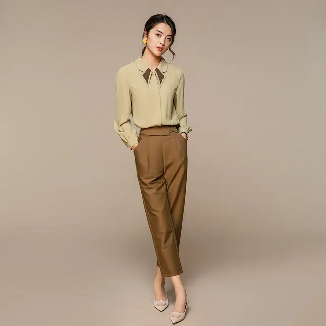 恒源祥 纯色高腰直筒九分休闲西装裤 女款 卡其色