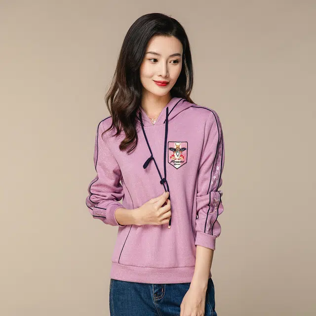 恒源祥 条纹休闲连帽卫衣 女款 暗紫罗兰