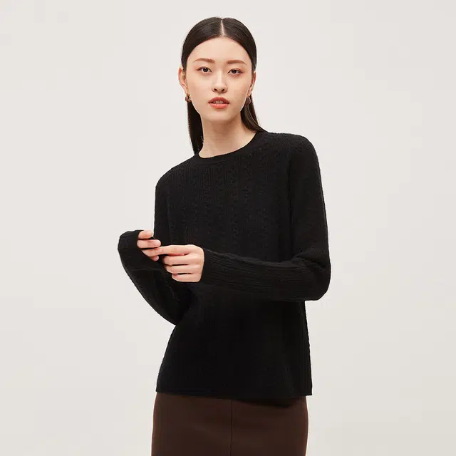 恒源祥 圆领绞花提花打底纯色羊绒衫 女款