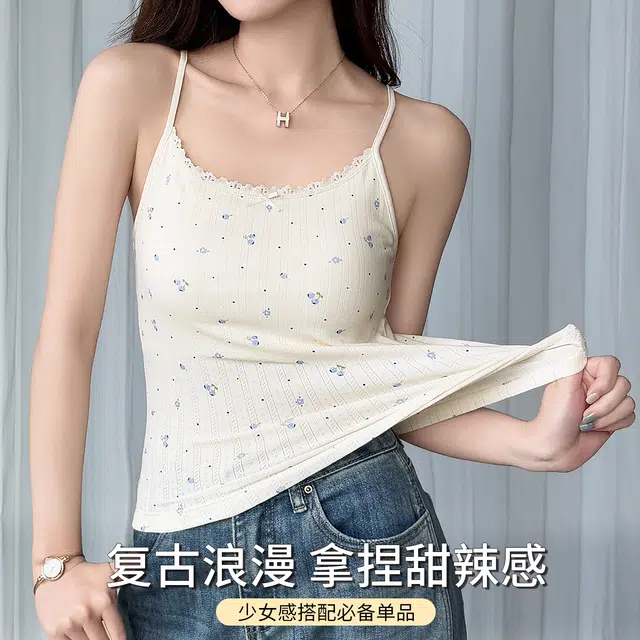 润微 带胸垫免穿文胸纯欲碎花小背心外可穿蕾丝吊带 女款