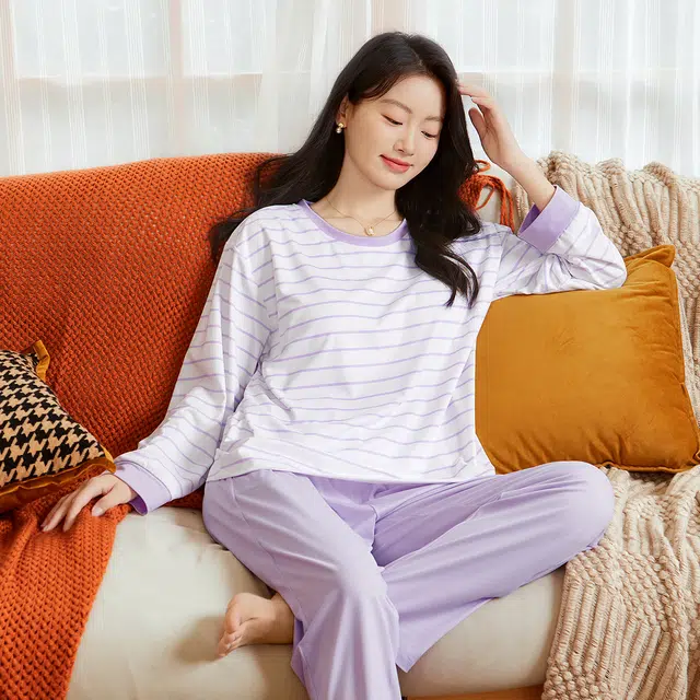 润微 【带胸垫防凸点】秋款圆领条纹长袖家居服免穿文胸可外穿睡衣套装 女款