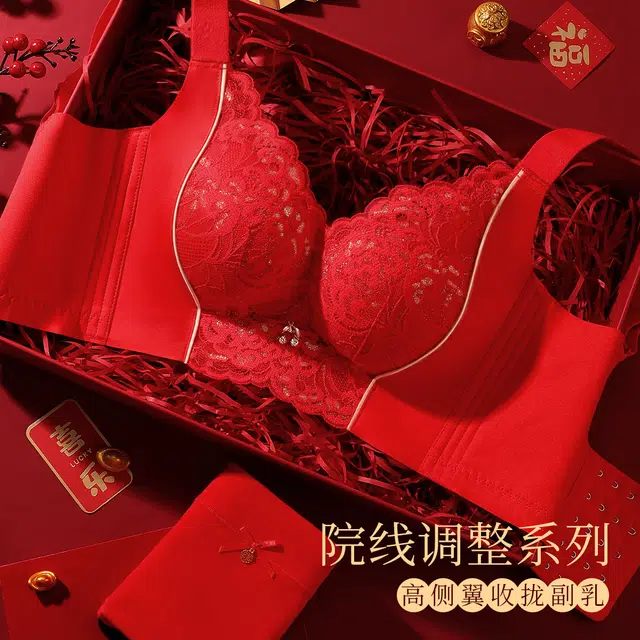 润微 蛇年本命年鸿运小胸聚拢调整型收副乳婚嫁文胸三角内裤中筒袜内衣裤礼盒 女款 大红色