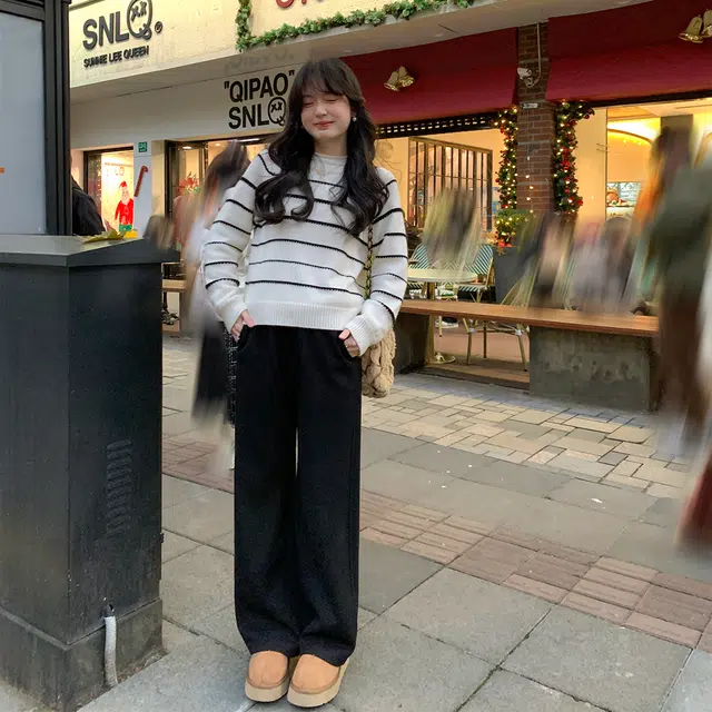 花栗鼠小姐 华夫格卫裤复合松弛慵懒保暖高腰直筒加绒休闲裤 女款