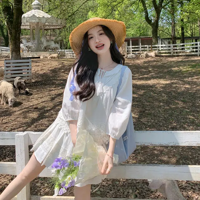 花栗鼠小姐 法式铃兰香 浪漫田园风圆领减龄荷叶边伞型蕾丝边娃娃衫防晒衬衫 女款 白