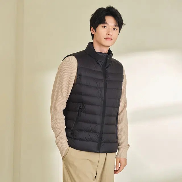 坦博尔 纯色立领拉链薄款无袖羽绒服 男款