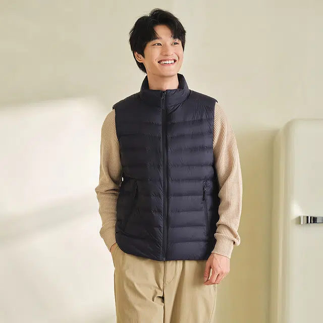 坦博尔 纯色立领拉链薄款无袖羽绒服 男款