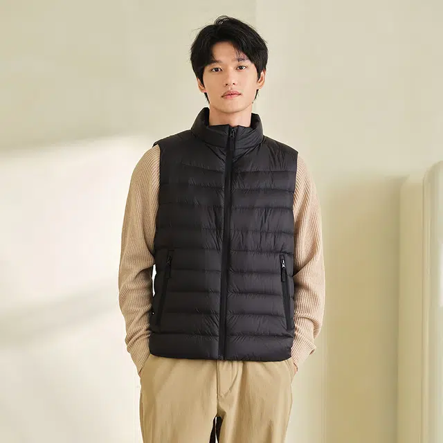 坦博尔 纯色立领拉链薄款无袖羽绒服 男款