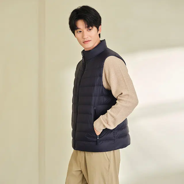 坦博尔 纯色立领拉链薄款无袖羽绒服 男款