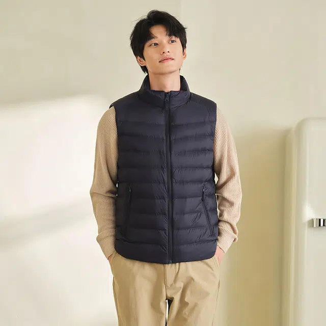 坦博尔 纯色立领拉链薄款无袖羽绒服 男款