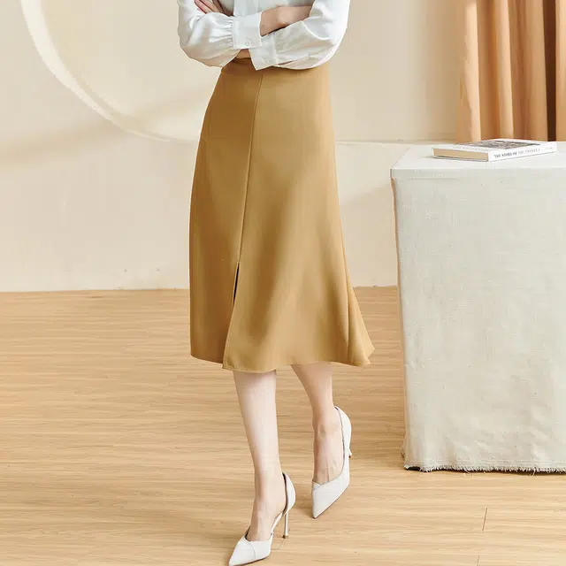 米思阳 纯色时尚百搭休闲长裙 卡其色