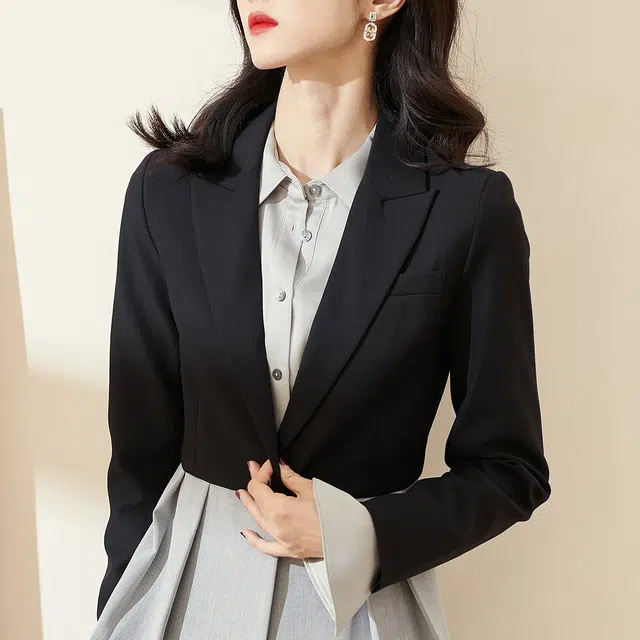 米思阳 撞色压褶西装纯色短款西装套装 女款 黑色