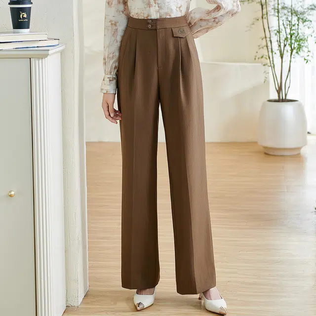 米思阳 通勤时尚直筒高腰纯色休闲裤 女款 咖啡色