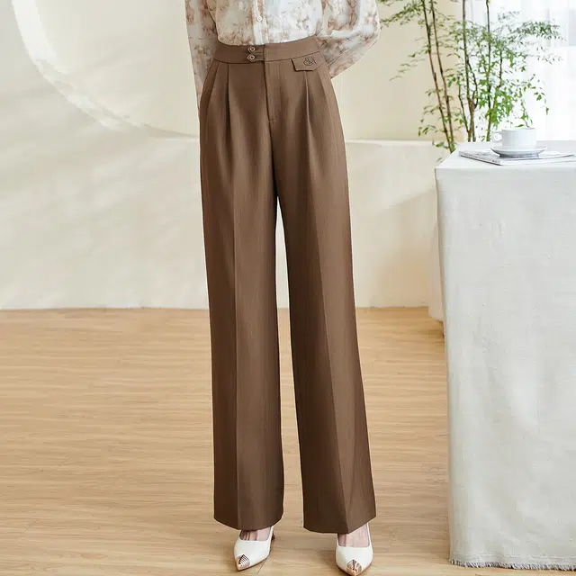 米思阳 通勤时尚直筒高腰纯色休闲裤 女款 咖啡色