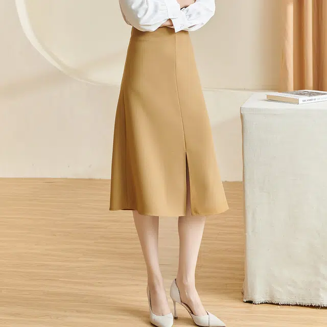 米思阳 纯色时尚百搭休闲长裙 卡其色