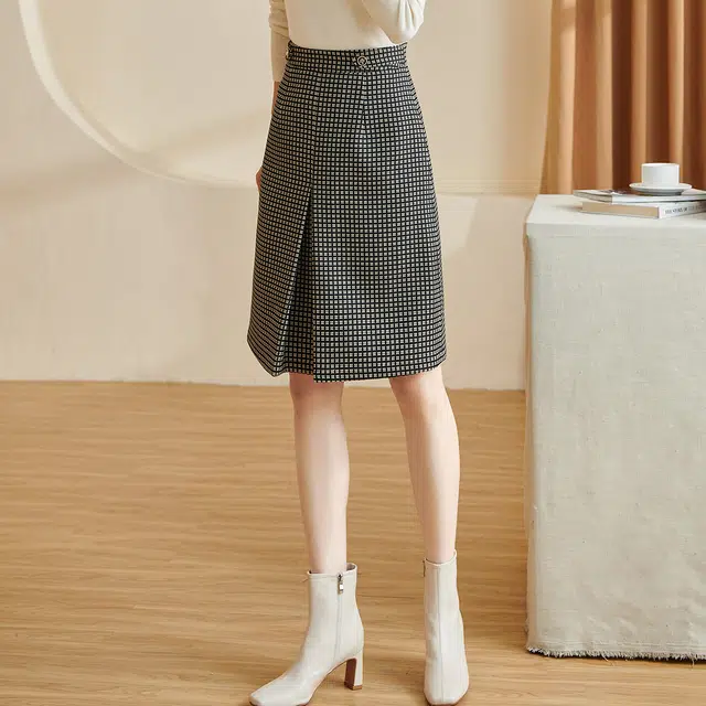 米思阳 复古轻奢格纹修身褶皱休闲长裙 黑色