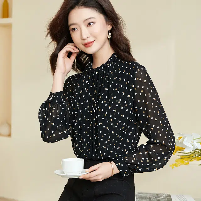 米思阳 波点印花长袖衬衫 女款 黑色