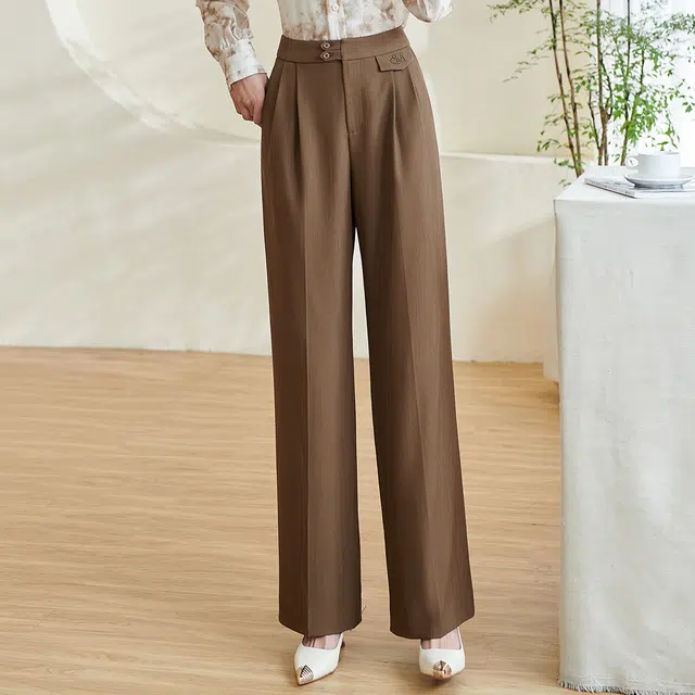米思阳 通勤时尚直筒高腰纯色休闲裤 女款 咖啡色