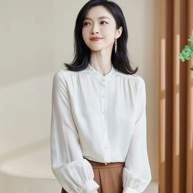 米思阳 纯色圆领长袖衬衫 女款 米杏色