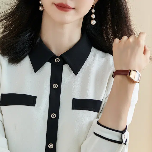 米思阳 撞色尖领单排扣设计高腰中长款长袖连衣裙 白色