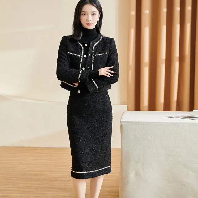 米思阳 小香风单排扣外套细腻柔和半身裙裙装套装 女款 黑色