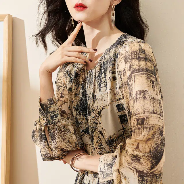 米思阳 时尚气质印花长袖连衣裙 杏黑色