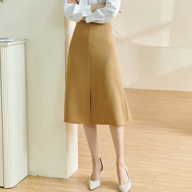 米思阳 纯色时尚百搭休闲长裙 卡其色