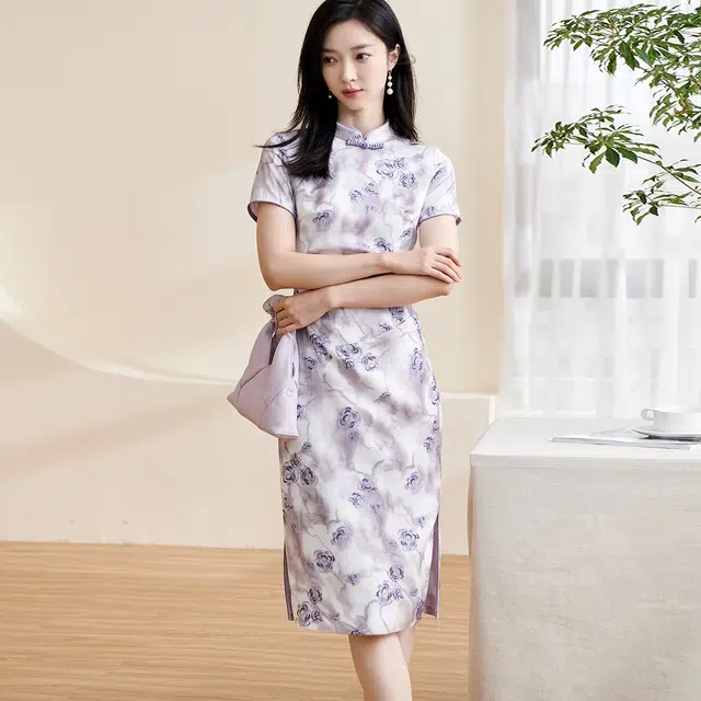 米思阳 新中式国风水墨花色收腰开叉短袖连衣裙 香芋紫