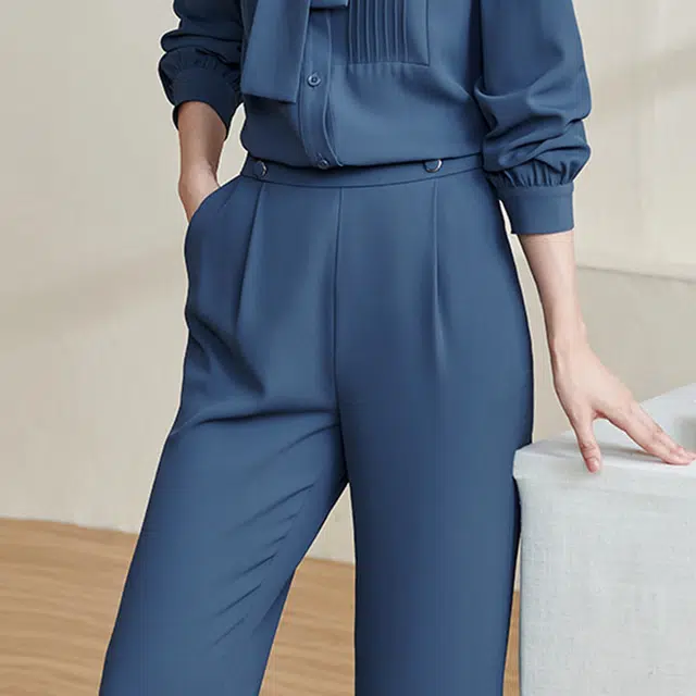 米思阳 净色高腰直筒休闲裤 女款 蓝色