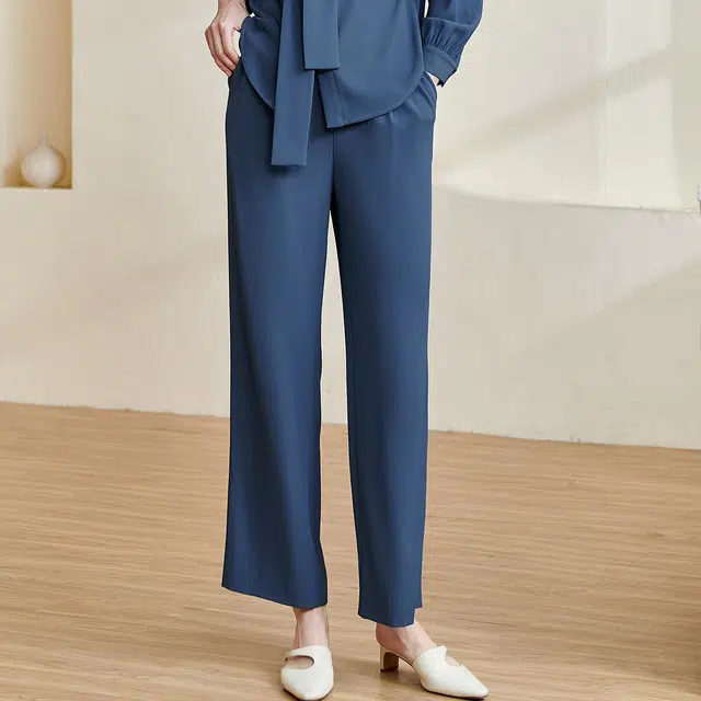 米思阳 净色高腰直筒休闲裤 女款 蓝色