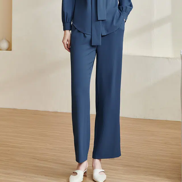 米思阳 净色高腰直筒休闲裤 女款 蓝色