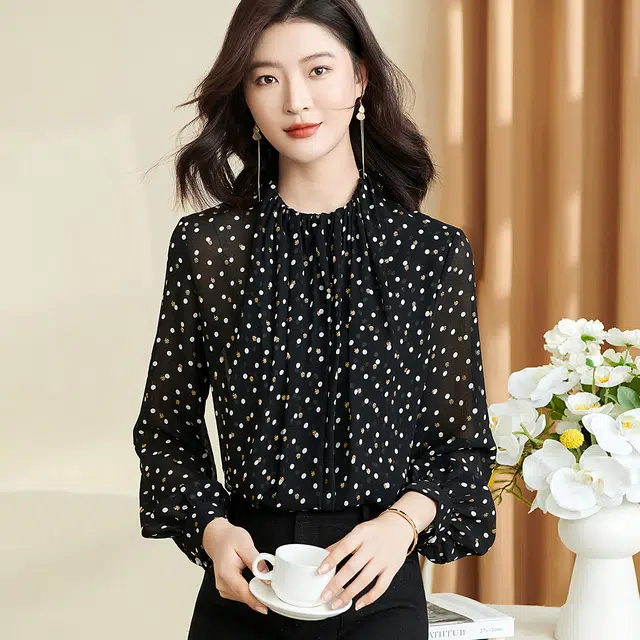 米思阳 波点印花长袖衬衫 女款 黑色