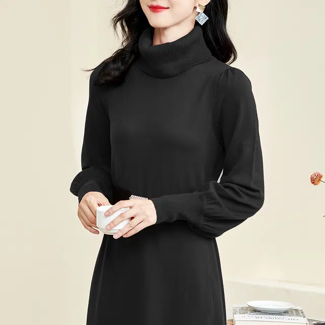 米思阳 纯色知性优雅泡泡袖修身长袖连衣裙