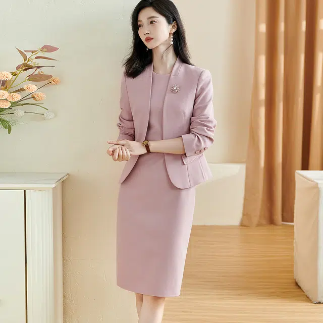 米思阳 休闲纯色外套无袖连衣裙西装套装 女款 粉色