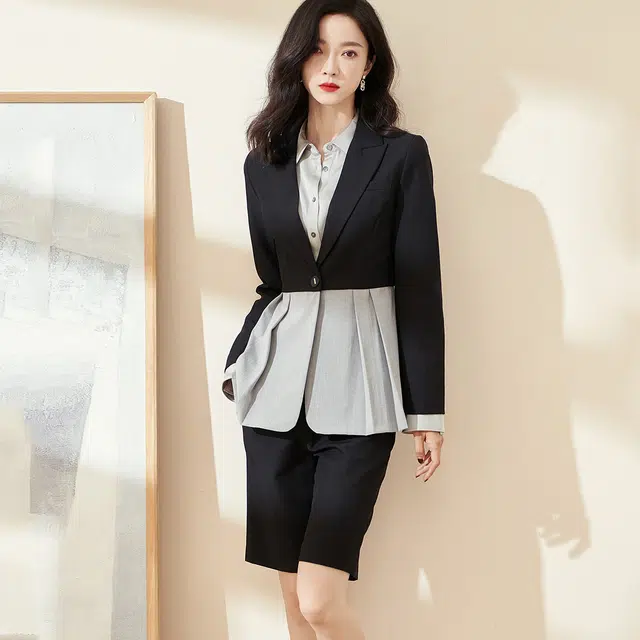 米思阳 撞色压褶西装纯色短款西装套装 女款 黑色