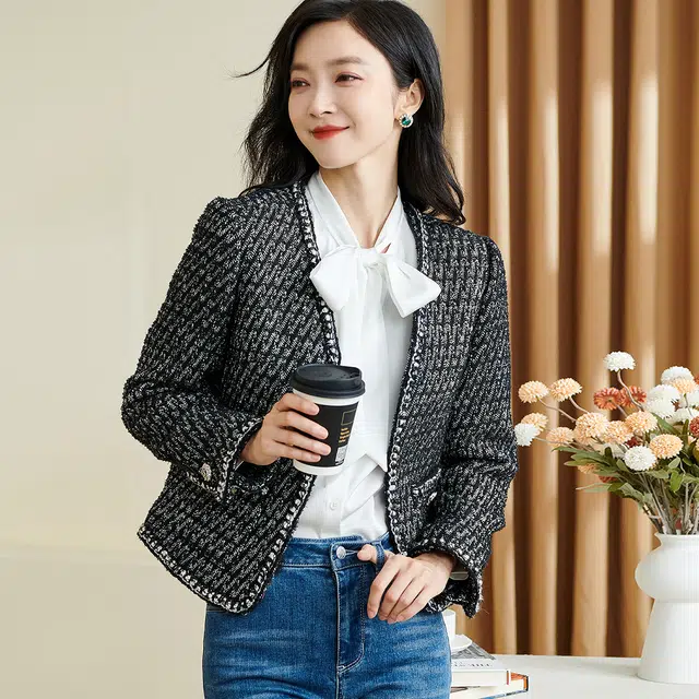 米思阳 长袖开衫截短外套 女款 黑白色