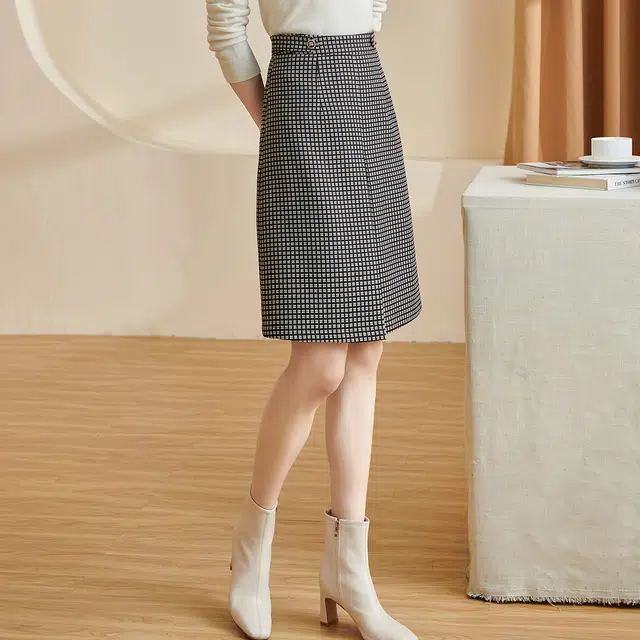 米思阳 复古轻奢格纹修身褶皱休闲长裙 黑色