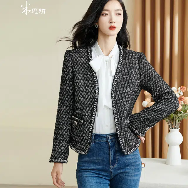 米思阳 长袖开衫截短外套 女款 黑白色