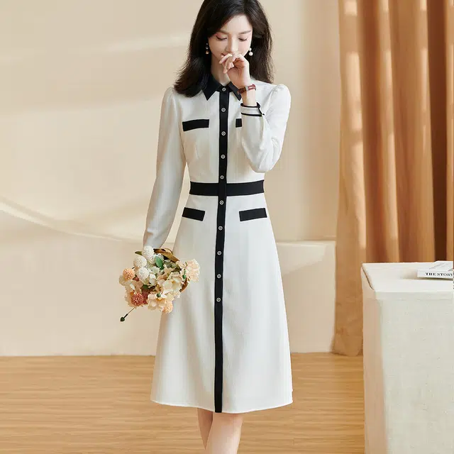 米思阳 撞色尖领单排扣设计高腰中长款长袖连衣裙 白色