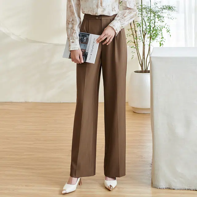 米思阳 通勤时尚直筒高腰纯色休闲裤 女款 咖啡色