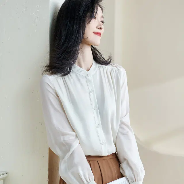 米思阳 纯色圆领长袖衬衫 女款 米杏色