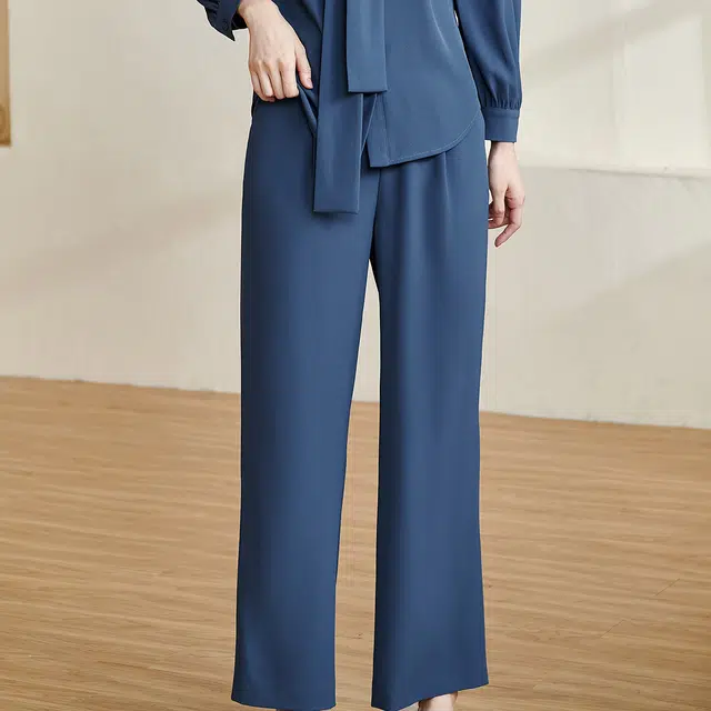 米思阳 净色高腰直筒休闲裤 女款 蓝色