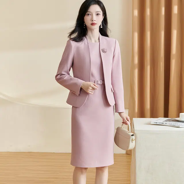 米思阳 休闲纯色外套无袖连衣裙西装套装 女款 粉色