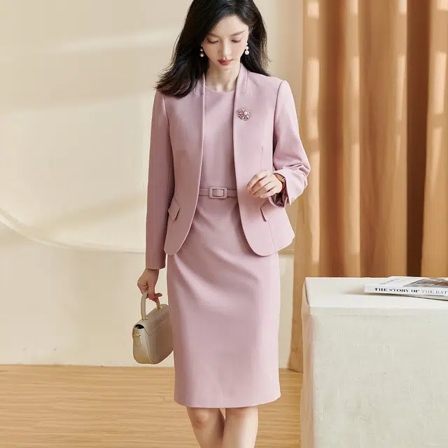 米思阳 休闲纯色外套无袖连衣裙西装套装 女款 粉色